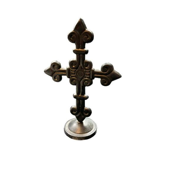 Antique-Style Cross With Fleur-De-Lis Design 12 Inch Tall - Picture 8 of 9